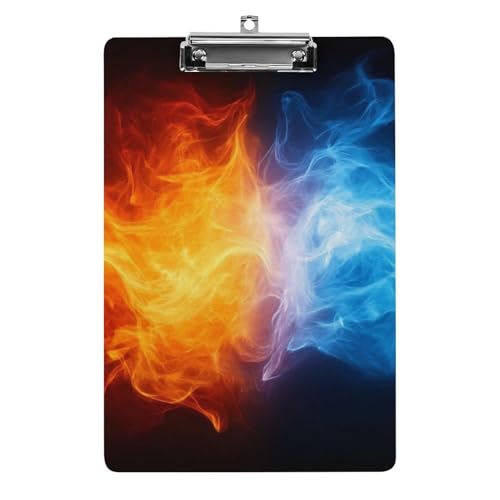 Schreibtisch-Bürobedarf-Zubehör, Unisex, modisches Klemmbrett aus Acryl mit flachem Clip, Eis, Wasser, Feuer, Flamme, Rot, Blau von HLBSDM