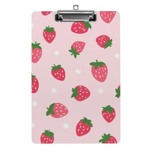 Schreibtisch-Bürobedarf-Zubehör, Unisex, modisches Klemmbrett aus Acryl mit flachem Clip, süße rosa Erdbeere mit Punkten von HLBSDM