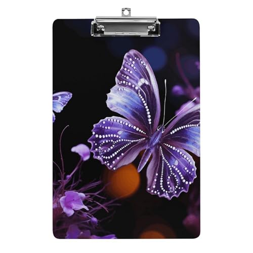 Wunderschönes violettes Schmetterlings-Klemmbrett mit Loch zum Aufhängen, 21,6 x 31,8 cm, Standard-A4-Klemmbrett aus Acryl, ultraleichter und bruchsicherer Papierhalter für Büro und Zuhause von HLBSDM