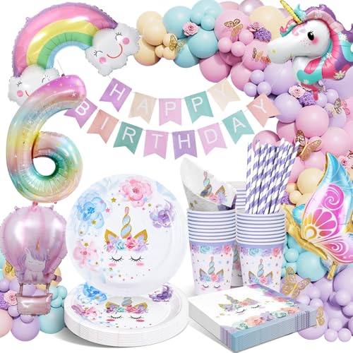 Einhorn Geburtstagsdeko Mädchen 6 Jahre, Geburtstag Party Geschirr, Einhorn Pappteller Kindergeburtstag mit Luftballons, Tischdecke für 6. Geburtstag Kinder, Mädchen Einhorn Geburtstagsdeko Mädchen 6 Jahre, Geburtstag Party Geschirr, Einhorn Pappteller Kindergeburtstag mit Luftballons, Tischdecke für 6. Geburtstag Kinder, Mädchen von HLEIUKT