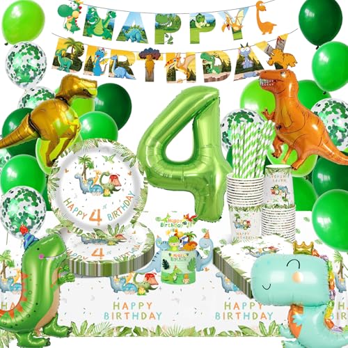 HLEIUKT Dino Geburtstag Deko 4 jahre, Dino Geschirr Deko Kindergeburtstag, Dinosaurier Partygeschirr mit Luftballon Pappteller Servietten Becher Tischdecke für 4 Jahre Mädchen Junge Party 16 Gäste HLEIUKT Dino Geburtstag Deko 4 jahre, Dino Geschirr Deko Kindergeburtstag, Dinosaurier Partygeschirr mit Luftballon Pappteller Servietten Becher Tischdecke für 4 Jahre Mädchen Junge Party 16 Gäste von HLEIUKT