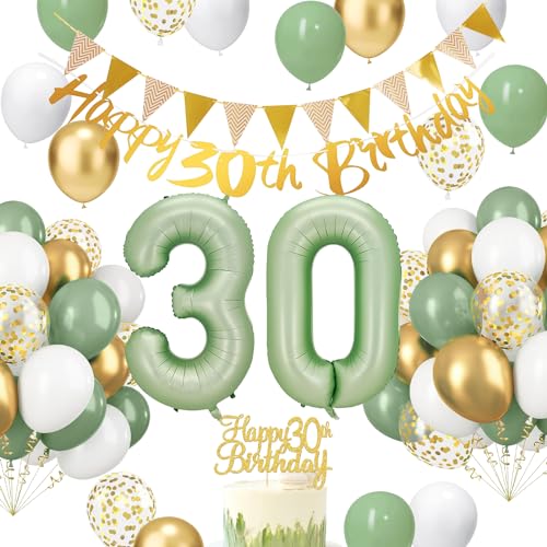 HLEIUKT Grüne Luftballons 30. Geburtstag Deko Set - Salbei Grün Ballons, Zahl 30, Konfetti für Frauen, Männer, Babydusche Party von HLEIUKT