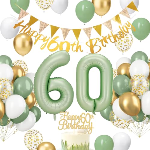HLEIUKT Grüne Luftballons 60. Geburtstag Deko Set - Salbei Grün Zahl 60 Konfetti Ballon für Frau Mann Babydusche Party HLEIUKT Grüne Luftballons 60. Geburtstag Deko Set - Salbei Grün Zahl 60 Konfetti Ballon für Frau Mann Babydusche Party von HLEIUKT