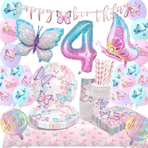 HLEIUKT Schmetterling Deko Geburtstag, 4 Jahre Geburtstag Party Geschirr Deko, Schmetterling Luftballon Pappteller Servietten Becher Tischdecke für 4 Jahre Mädchen Kindergeburtstag Party 16 Gäste HLEIUKT Schmetterling Deko Geburtstag, 4 Jahre Geburtstag Party Geschirr Deko, Schmetterling Luftballon Pappteller Servietten Becher Tischdecke für 4 Jahre Mädchen Kindergeburtstag Party 16 Gäste von HLEIUKT