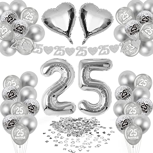 HLEIUKT Silberhochzeit Deko, 25. Hochzeitstag Luftballons, Konfetti, Folienballons, 25. Hochzeitstag Girlanden, Silberhochzeit Tischdeko, Silber Luftballons Deko für Silberne Hochzeit Feier Deko von HLEIUKT