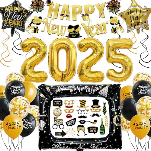 Silvester Deko 2025 XXL Dekoration Set, Neujahr Deko 2025 Schwarz Gold, Happy New Year Girlande, Folienballons, Fotorequisiten, Konfetti Ballons, Neujahrsdeko Accessoire für Silvesterparty Silvester Deko 2025 XXL Dekoration Set, Neujahr Deko 2025 Schwarz Gold, Happy New Year Girlande, Folienballons, Fotorequisiten, Konfetti Ballons, Neujahrsdeko Accessoire für Silvesterparty von HLEIUKT