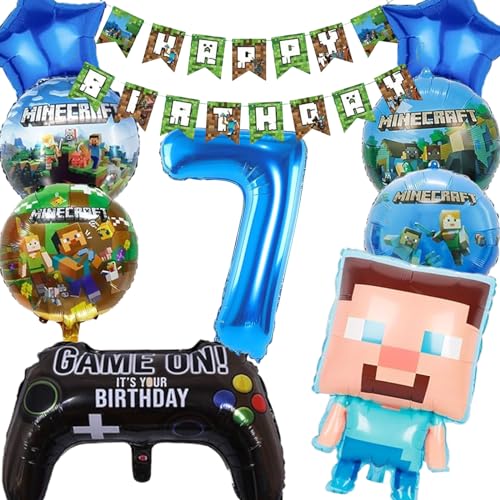 Minecraft Geburtstagsdeko 7 jahre,Gamer Luftballon Deko Junge,Pixe Ballons Geburtstag Set,Geburtstagsdeko Jungen, für Kinder Junge und Mädchen Partydekorationen von HLFMQZEI