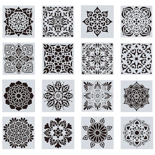 HLIWS 16 Stück Mandala-Schablonen Set, Wiederverwendbare Schablonen, Blumen Handwerk Scrapbooking Stencils Set, Kunststoff Vorlagen, für DIY Dekor Scrapbooking Malen (15 * 15 cm) von HLIWS