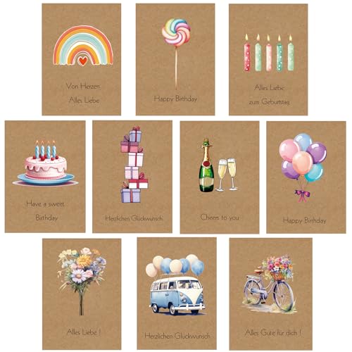 Geburtstagskarten Set (10 Stück) mit Umschlägen - Grußkarten für Glückwunschkarte - Premium Klappkarten inklusive Briefumschlag aus Kraftpapier - hochwertige Grußkarten für Familie & Freunde von HLLMploy