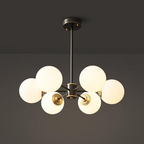 HLRTBCN Messing Kronleuchter 6 flammig Mid Century Modern Black Gold Chandelier Messing Pendelleuchte Milchglas Sputnik Deckenleuchte Vintage Bauernhof Pendelleuchte für Tisch von HLRTBCN