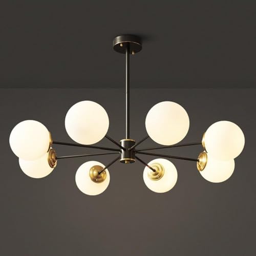 HLRTBCN Messing Kronleuchter 6 flammig Mid Century Modern Black Gold Chandelier Messing Pendelleuchte Milchglas Sputnik Deckenleuchte Vintage Bauernhof Pendelleuchte für Tisch von HLRTBCN