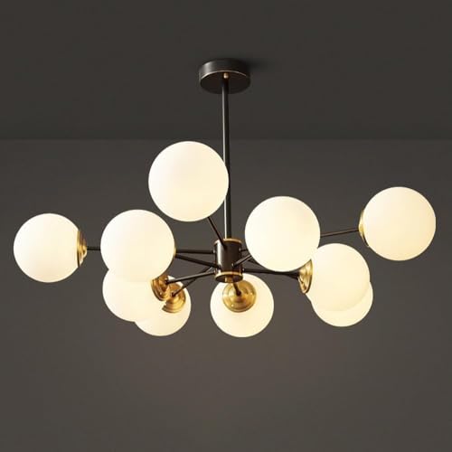 HLRTBCN Messing Kronleuchter 6 flammig Mid Century Modern Black Gold Chandelier Messing Pendelleuchte Milchglas Sputnik Deckenleuchte Vintage Bauernhof Pendelleuchte für Tisch von HLRTBCN