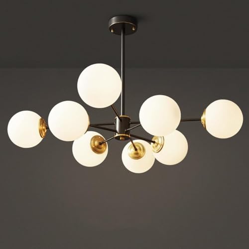 HLRTBCN Messing Kronleuchter 6 flammig Mid Century Modern Black Gold Chandelier Messing Pendelleuchte Milchglas Sputnik Deckenleuchte Vintage Bauernhof Pendelleuchte für Tisch von HLRTBCN