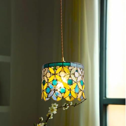 HLRTBCN Moderne Messing Kronleuchter Kunst Tiffany Pendelleuchte Pendelleuchte Retro Bunte Zylinder Wassermuster Glasdecke Leuchte Kücheninsel Modern Nordisch von HLRTBCN