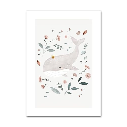 HLSHOE Cartoon Wal Meerjungfrau Blume Blätter Wandkunst Papier Leinwand Malerei Nordic Poster und Drucke Dekoration Bilder Baby Mädchen Zimmer (Color : A, Size : 40x50cm No Frame) von HLSHOE
