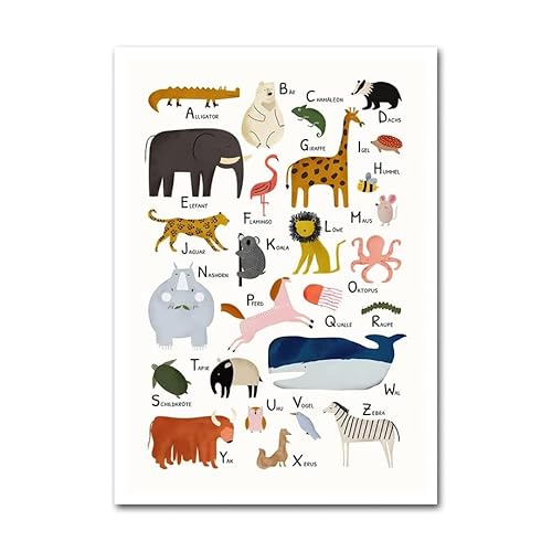 HLSHOE Tier Alphabet Löwe Giraffe Elefant Nordic Poster und Druck Wandkunst Leinwand Malerei Wandbilder for Baby Kinderzimmer Dekor (Color : A, Size : 50x70cm No Frame) von HLSHOE