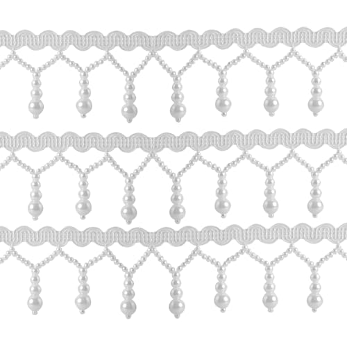 HLTOO 2 Yards Perlenband Borte Perlen Fransen Quaste Spitzenborte zum Nähen von Kleidung, Vorhängen, Hochzeitsdekoration, Brautkleid, Gürtel, Kopfbedeckung, Weiß von HLTOO