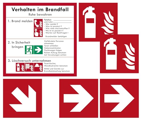 Brandschutzzeichen-Paket - Verhalten im Brandfall + 2x Feuerlöscher + Richtungspfeile rechts/links + Richtungspfeil Treppe ISO 7010 Folienaufkleber von HM Arbeitsmedizin