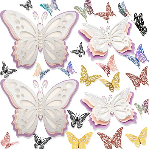 HMASYO 52-teiliges 3D-Schmetterlings-Dekorationsset, 4 Stück in 2 Größen, riesiger Schmetterling mit 4 Schichten und 48 Stück 3 Größen, kleiner Schmetterling für Geburtstagsparty, Babyparty, Mädchen, von HMASYO