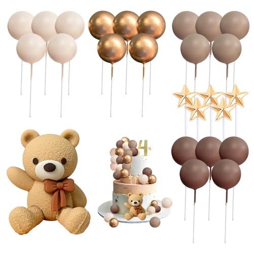 HMCEY 26 Stück Tortendeko Teddybär Geburtstag,Kuchendekoration Kugeln,Teddy Bear Cake Topper,Tortenaufleger Bär,Baby Shower Kuchen Deko für Party,Cupcake Dekoration Niedlich für Jungen, Mädchen von HMCEY
