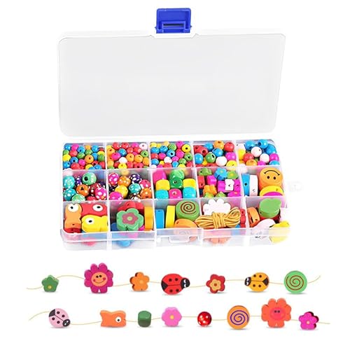 HMCEY 400 Stück Perlen zum Auffädeln Kinder,Fädelperlen Holz Mit Loch,Holzperlen Bunt,Perlen Bastelset,Wooden Beads For Kids,Perlenset für Armbänder,Bastelperlen Holz,Holzperlen Fädelspiel für DIY von HMCEY