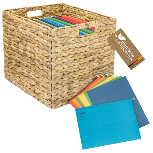 HMF Aufbewahrungskorb passend für Kallax für DIN A4 Hängeregister, Korb geflochten aus Wasserhyazinthe | inkl. 8 Hängeregister | 33 x 38 x 32 cm von HMF