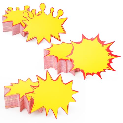HMIEPRS 300Pcs Fluoreszierende Burst Verkaufsschilder, Starburst Einzelhandel Rabatt Preisschilder Etiketten, Blanko Preisetiketten Display Schilder für Ladengeschäft Supermärkten (11 x 10 cm) von HMIEPRS