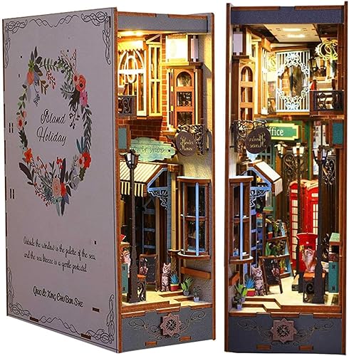 Bildungsmodell 3D-Puzzle-Buchstütze aus Holz, DIY-Buchecken-Set for Bücherregal-Dekoration, leuchtende kleine Miniatur-Puppenhaus-Diorama-Modellbausätze for Unisex-Erwachsene ( Color : Island Holiday von HMLOPX