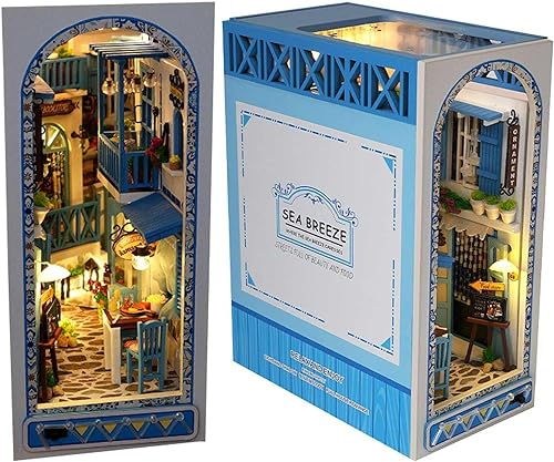 Bildungsmodell 3D-Puzzle-Buchstütze aus Holz, DIY-Buchecken-Set for Bücherregal-Dekoration, leuchtende kleine Miniatur-Puppenhaus-Diorama-Modellbausätze for Unisex-Erwachsene ( Color : Sea Breeze ) von HMLOPX