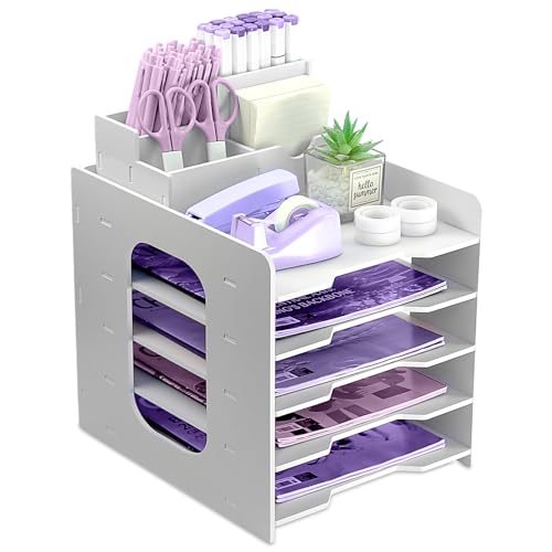 Briefablage Organizer, A4 Papier Ablagefächer, 5-stöckiges Büro Aktenablage, Schreibtisch Datei Tidy Organizer mit stapelbarer Ablage Schreibtisch Papier Organizer mit Stifthalter (weiß) von HMXLJJY