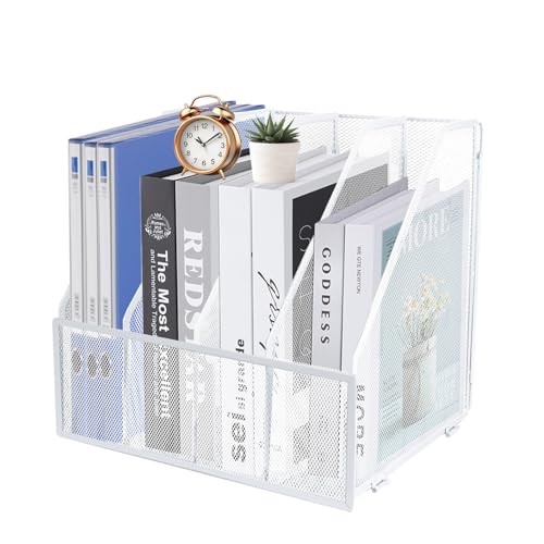 HMXLJJY Zeitschriftenhalter aus Netzstoff, A4, Schreibtisch-4-teilig, Dokumentenhalter, Büro-Aktenregal für Ordnung, Papier-Organizer, Aktenregal, 4 Fächer, Weiß von HMXLJJY
