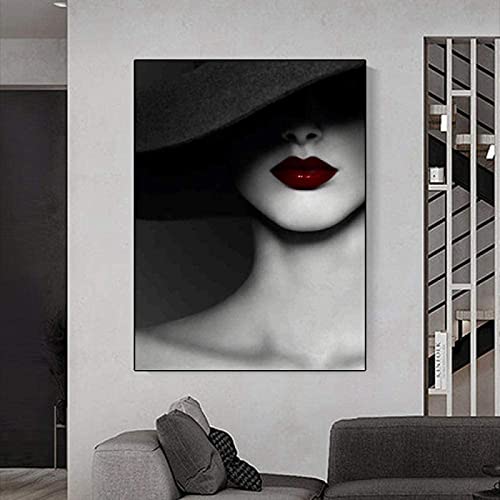 HMXQLW Leinwand Bild Schwarz Weiß Mode Hut Frau Leinwand Malerei Rote Lippen Bilder Wohnzimmer Deko, Leinwand Bilder Poster und Drucke Wandkunst Malerei Schlafzimmer Rahmenlos (40X60CM) von HMXQLW