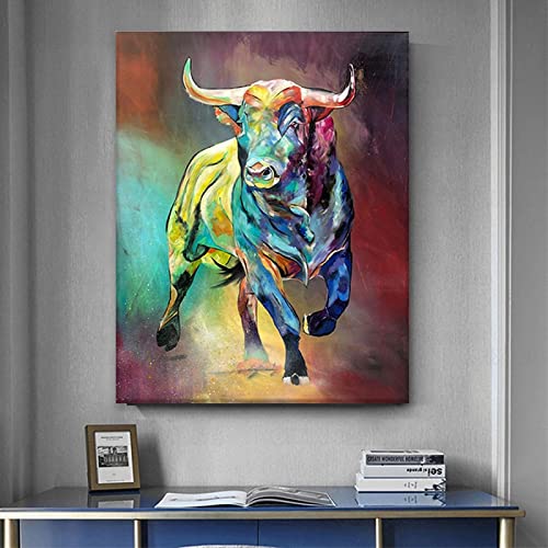 HMXQLW Leinwand Bilder Graffiti Bunter Stier Tier Poster Drucke Moderne Abstrakte Bild Malerei Poster Schlafzimmer Wohnzimmer Wanddekoration Ungerahmt (80X120CM) von HMXQLW