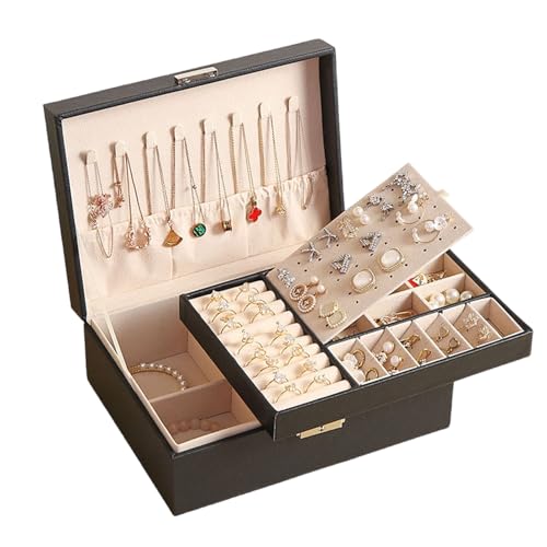 Schmuckkästchen, Schmuckschatulle mit 2 Ebenen, Schmuckbox Schmuckkoffer für Damen, Schmuckaufbewahrung, Schmuckkästen für Ringe Ohrringe Armbänder Halsketten und Uhren, mit Schloss und Schlüssel von HMYCL