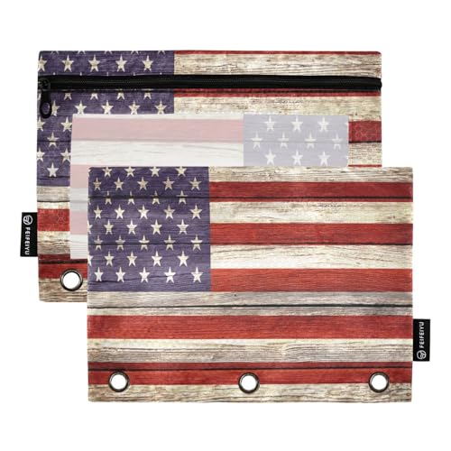 Federmäppchen für 3-Ring-Ordner, US-Flagge, Holztaschen mit Reißverschluss, Stiftehalter mit transparentem Fenster, Schule, Klasse, Büro, 2 Stück von HMZXZ
