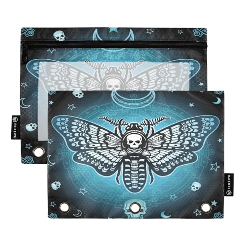 Federmäppchen für 3-Ringbinder, Schmetterlings-Totenkopf-Motiv, blaue Taschen mit Reißverschluss, Stiftehalter mit transparentem Fenster, Schule, Klasse, Büro, 2 Stück Federmäppchen für 3-Ringbinder, Schmetterlings-Totenkopf-Motiv, blaue Taschen mit Reißverschluss, Stiftehalter mit transparentem Fenster, Schule, Klasse, Büro, 2 Stück von HMZXZ