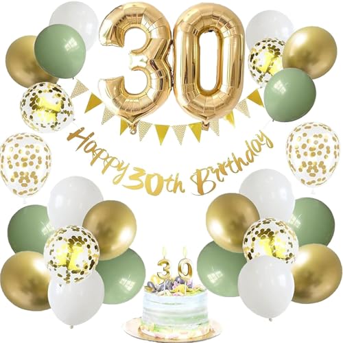 30 Geburtstag Dekorationen, 30 Geburtstag Luftballons Gold Party Dekorationen für Frauen Männer, mit Banner, Cake Topper Gold Zahlenballons, und Grün Weiß Konfetti Ball 30 Geburtstag Dekorationen, 30 Geburtstag Luftballons Gold Party Dekorationen für Frauen Männer, mit Banner, Cake Topper Gold Zahlenballons, und Grün Weiß Konfetti Ball von HNFKOZ