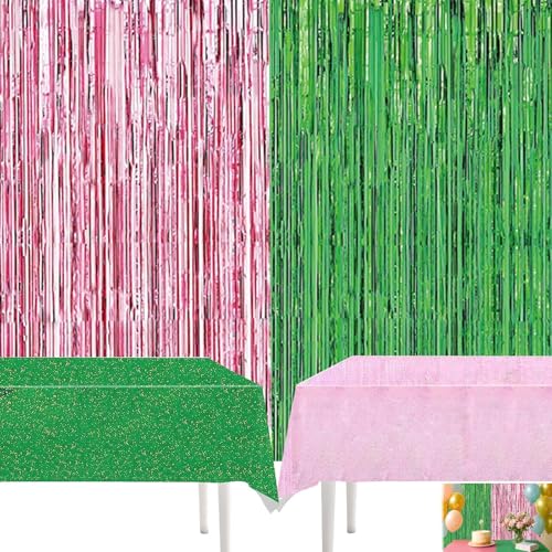 Grüne & Rosa Wicked Party Dekorationen - 2 Lametta Vorhänge & 2 Tischdecken (100x200cm) für böse Mottopartys, Geburtstage & Disco Events von HNFKOZ