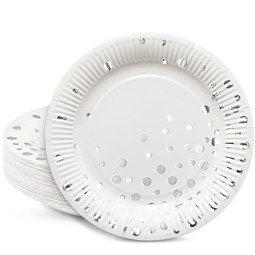 HNH Dessertteller, 18cm Pappteller 50er-Set Weiß mit Silber Goldfolie Klein Teller Set Papierteller Partygeschirr Deko HNH Dessertteller, 18cm Pappteller 50er-Set Weiß mit Silber Goldfolie Klein Teller Set Papierteller Partygeschirr Deko von HNH