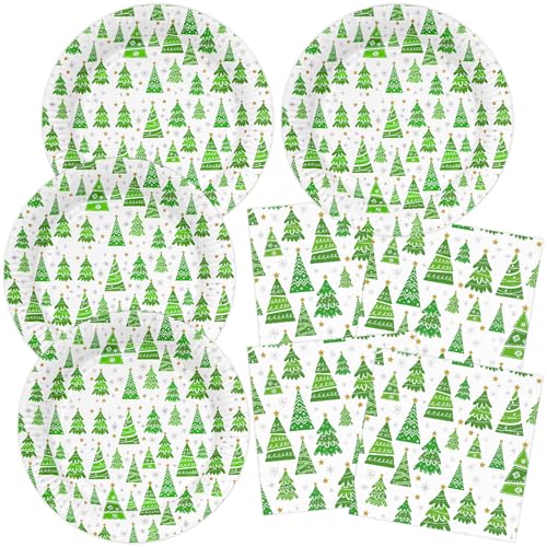 HNH Pappteller Set Weihnachten mit Servietten 40er-Set Weihnachtsteller Weihnachtsservietten Grün Weihnachtsbaum Papierteller Papierservietten Partygeschirr Tischdeko von HNH