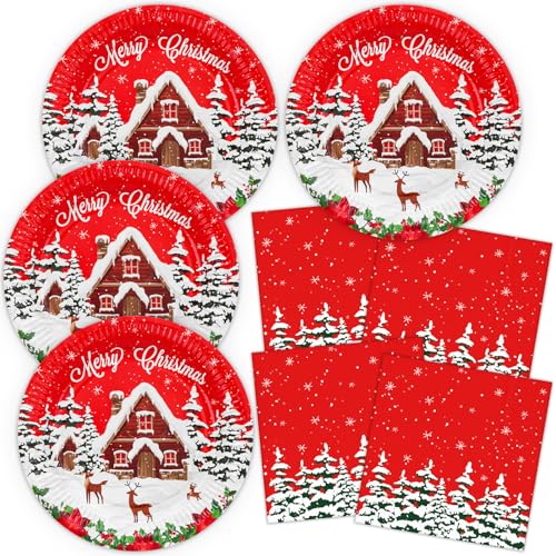 HNH Pappteller Weihnachten Servietten Set 40 Stück Schneeraum Rot Weihnachtsteller Weihnachtsservietten für Partygeschirr Dekoration von HNH