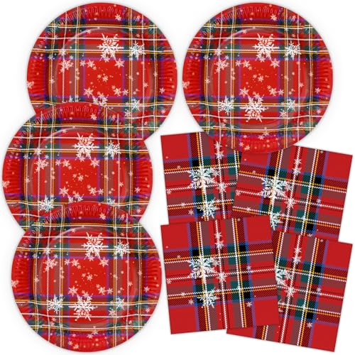 HNH Weihnachten Pappteller Servietten Set 40 Stück Schottisch Rot mit Weiß Schneeflocke Weihnachtsservietten Weihnachtsteller Partygeschirr Dekoration von HNH
