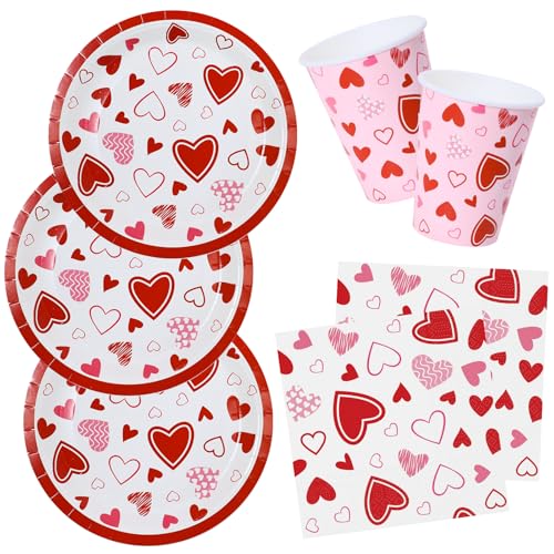 HNH Pappteller Servietten Pappbecher Partygeschirr Set für Valentinstag Serve 16 Dessertteller Papierservietten Papptassen von HNH