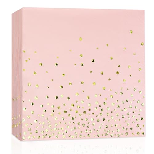 Servietten Rosa Gold 50 Stück Gepunkete mit Goldfolie Party Servietten 3-lagig Papier Servierte, Cocktailservietten 33 x 33cm Papierservietten von HNH