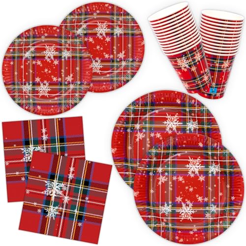 Weihnachten Pappteller Servietten und Pappbecher Partygeschirr 100er-Set Schottisch Rot mit Weiß Schneeflocke Weihnachtsteller Weihnachtsservietten Weihnachtsbecher Weihnachten Tischdeko von HNH