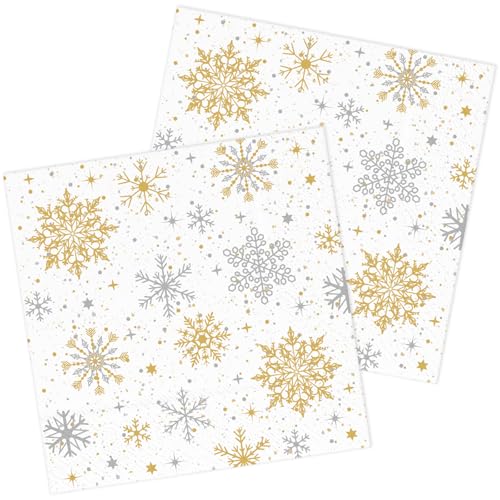 Weihnachten Servietten 50 Stück Gold und Silber Schneeflocken Weiß Papierservietten Party Servierten 33 x 33 cm Papierservietten von HNH