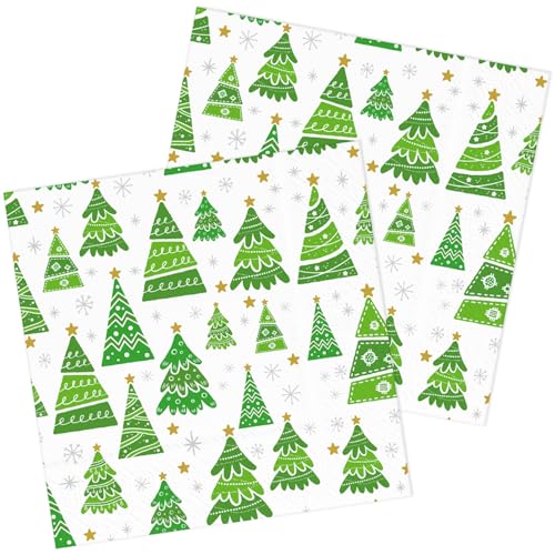 Weihnachten Servietten 50 Stück Weiß Papierservietten mit Grüne Weihnachtsbäumen Party Servierten 33 x 33 cm Weihnachtsservietten von HNH