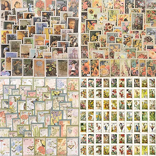 4 Stile (400 Stück) Vintage Aufkleber Stempel Scrapbooking Aufkleber für Scrapbook Kalender Notizbuch Tagebuch Fotoalbum DIY Dekoration, Etikett, Blumen, Schmetterling, Stadt, Malerei, Blumen, Tier von HNJKJEU