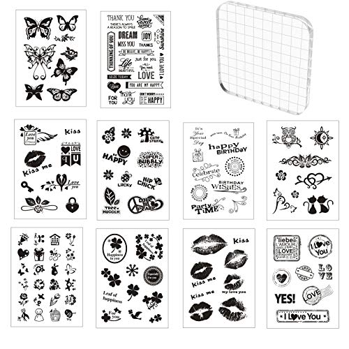 Scrapbooking Silikonstempel Set 10 Blätter Stempel Clear Set Seal Stamps Transparent Clearstempel Silikon Clear Stamp mit 1 Acryl Stempelblock 10x10cm für DIY Scrapbooking Dekorative Wiederverwendbar von HNJKJEU