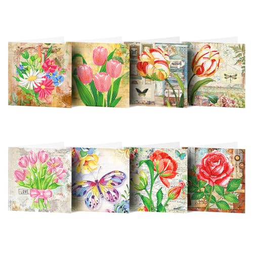 HNLMZ 5D DIY Diamond Painting Karten, 8 Stück Strass Handwerk Grußkarte,Diamant Painting Malerei Geschenkkarte Feiertags Dankeschön Handgefertigte Grußkarten für Familie, Freunde, Liebhaber von HNLMZ